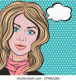 Vector pop art cute young woman with thought bubble for text, happy woman nature smile in comics style 