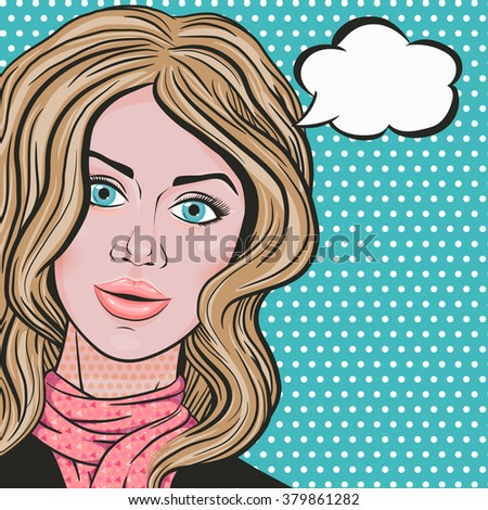 Vector pop art cute young woman with thought bubble for text, happy woman nature smile in comics style 