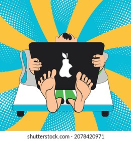 Vector pop art drawing of a cartoon man with a laptop. A comical man lies on the bed with his feet forward against the backdrop of sunbeams and blue sky. Computer addiction concept