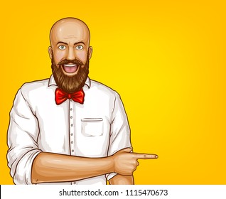 Vector pop art excited bald man with beard in white shirt points with finger at sales, discounts. Shocked, surprised character isolated on yellow background. Sale, ad poster, banner.