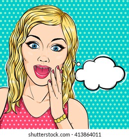 Vector pop art excited woman face with open mouth and thought bubble in comic style. Cheerful blonde woman thinking.