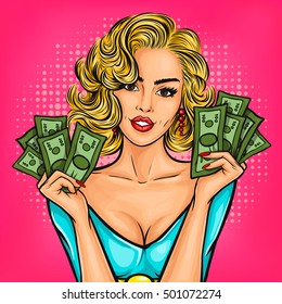 Vector pop art girl with cash