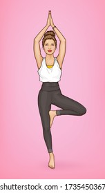 Vector pop art girl practicing yoga, meditation, relaxation, balance, training her body. Young slim woman standing on one leg with raised hands, isolated on pink background. Healthy lifestyle concept