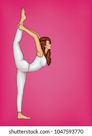 Vector pop art girl in white suit doing gymnastics or yoga, stands in position on one leg and stretches her body, isolated on pink background. Young woman does exercises, healthy lifestyle concept