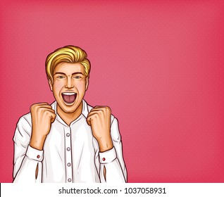 Vector pop art happy, emotional man in white shirt celebrating success, deal, winning or achievement. Young male business character raising fists up with mouth open. Vintage comic illustration