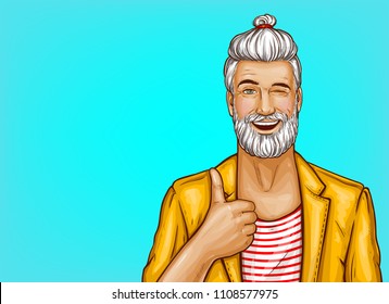 Vector pop art hipster with beard and stylish hairstyle winks and shows thumbs up gesture on blue background. Portrait of smiling positive man in casual clothes, poster for advertising, sale banners