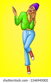 Vector pop art hipster girl listens music in headphones with closed eyes, sings song and holds mobile phone in her hand. Young blonde woman in purple hat, jeans and earphones having fun