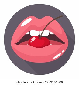 Vector pop art icon sexy lips with cherry. Women's  pink lips bite cherry. Illustration of lips in flat style.