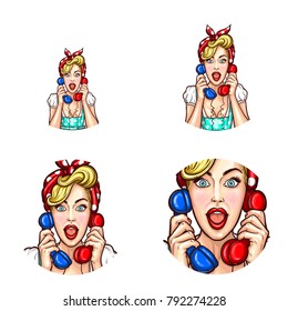 Vector pop art icons set for social net profile avatars, woman speaking on two phone handset receivers. Girl in retro headscarf chatting or gossiping surprised with open mouth. isolated