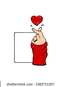 Vector pop art illustration of arm with ring and rectangle background.Korean hand gesture red heart with a snap of the fingers. Fingers crossed in a snap. Love symbol.Valentine's day gift card design.
