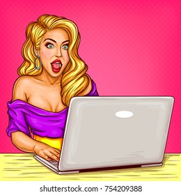 Vector pop art illustration of an attractive blond girl fashion internet blogger working behind her laptop. Advertising poster with a woman surprised by big discounts, sales, special offer