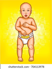 Vector pop art illustration of a baby in a diaper stands on its own feet and looks straight
