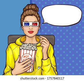 Imagen de arte pop vectorial de una bella morena sentada en el auditorio, viendo una película en 3D y comiendo palomitas de maíz. Niña con gafas 3D sentada en un sillón y sostiene un contenedor con maíz dulce