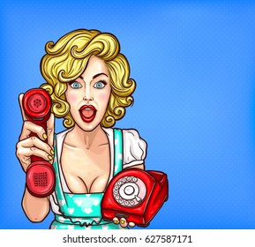 Vector pop art illustration of a beautiful blonde girl with a retro phone surprised by a good phone customer service