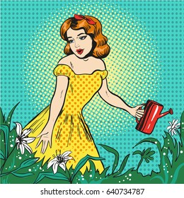 Vector pop art illustration of beautiful girl watering flowers with watering can in the garden.