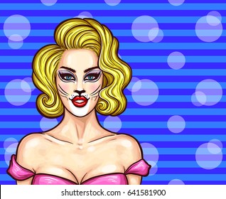 Vector pop art illustration of a beautiful blonde woman with cat make-up