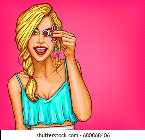 Vector pop art illustration of a beautiful young woman playing with a fidget spinner. Tri fidget hand spinner - trendy stress relieving toy.