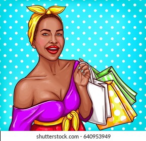 Vector pop art illustration of a black woman holding shopping bags. Pop art poster for the advertising with a beautiful black woman happy with their shopping