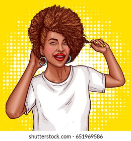 Vector pop art illustration of a black woman with curly afro hair touches it. Pop art poster for the advertising for hair salon with a beautiful black woman
