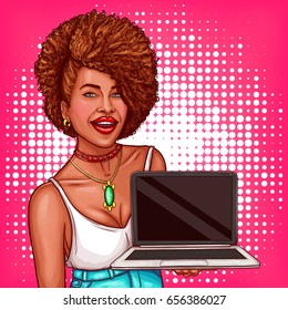 Vector pop art illustration of a black woman holds an open laptop in her hands. Pop art advertising poster with a beautiful black woman for promoting a new laptop model