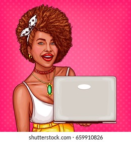 Vector pop art illustration of a black woman holds an open laptop in her hands. Pop art advertising poster with a beautiful black woman for promoting a new laptop model