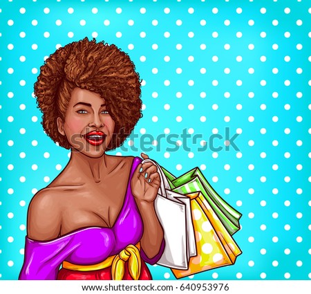 Vector pop art illustration of a black woman holding shopping bags. Pop art poster for the advertising with a beautiful black woman happy with their shopping