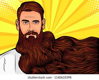 Vector pop art illustration of a brutal bearded man, macho with very long beard over all image