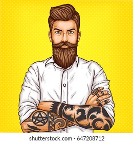 Vector Pop Art Illustration Of A Brutal Bearded Man, Macho With Tatoo Folded His Arms Over His Chest