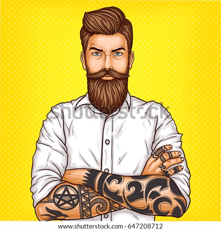 Vector pop art illustration of a brutal bearded man, macho with tatoo folded his arms over his chest