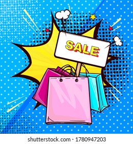 Vector pop art illustration of colorful shopping bags with banner stick. Sale banner on dots halftone background with speech bubble in shape of a star. Poster for the advertising sales and discounts.