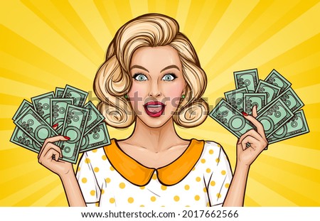 Vector pop art illustration of enthusiastic girl with cash. Blonde young woman holds money bills in hands. Advertising poster for the announcement of discounts and sales in the style of popart.