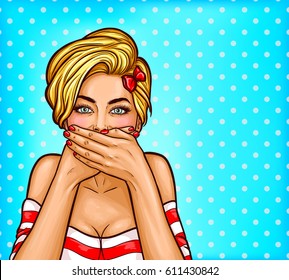 Vector pop art illustration of an excited blond woman covering her mouth with her hands. Excellent advertising poster for advertising discounts and sales in the style of pop art