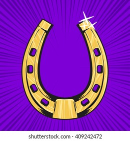 Vector pop art illustration of golden horseshoe. Symbol of luck, prosperity and success. Retro style. 