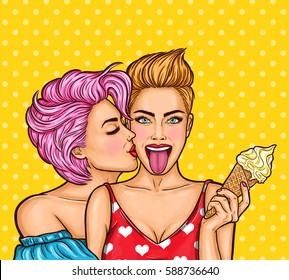 Vector Pop Art Illustration Of A Lesbian Couple Kissing.