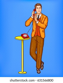 Vector pop art illustration of a man talking on a retro phone and covering a microphone with his hand