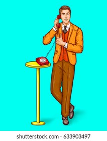 Vector pop art illustration of a man talking on a retro phone and and shows the thumbs up