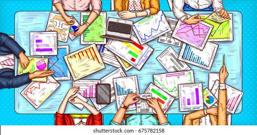 Vector pop art illustration of a man and a woman sitting at a negotiation table with graphs and diagrams lying on it, top view. Concept of brainstorming