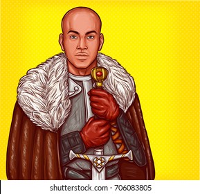 Vector pop art illustration of a medieval knight in steel armor and winter fur cloak with an iron sword in his hands.