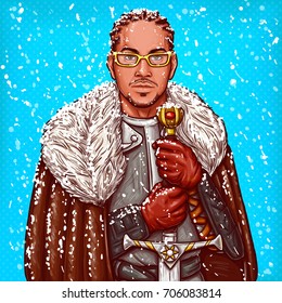 Vector pop art illustration of a medieval knight in steel armor, winter fur cloak and glasses, with an iron sword in his hands during the snow.