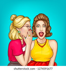 Vector pop art illustration with pretty blonde woman whispers secret to her friends ear. Gossip of girls. The shocked, excited character with open mouth and big breast isolated on blue background.