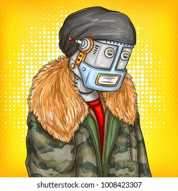 Vector pop art illustration of robot, android in fashion jacket, cap, modern clothing. Artificial intelligence, steampunk, cyborg concept. Promotion, advertisement design