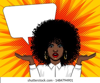 Vector Pop art illustration surprised woman face with open mouth and hands up. African American woman in shocked standing over background in comic retro pop art style with big speech bubble