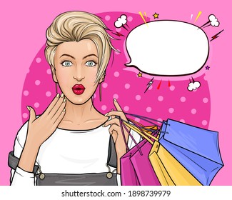 Vector pop art illustration of a surprised blonde hair girl holding shopping bags on pink background. Amazed woman with wide open eyes and mouth. Excellent poster for advertising discounts and sales.