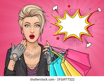 Vector pop art illustration of a surprised tattooed girl holding shopping bags on pink background. Blonde young woman with wide open eyes and mouth. Excellent poster for advertising discounts or sales