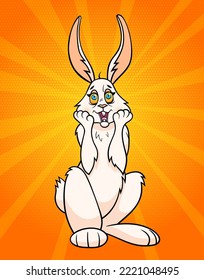 Vector pop art illustration of surprised white rabbit, wow emotion, easter bunny comic style character, hare with open mouth, advertising poster with symbol of 2023 new year.