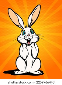 Vector pop art illustration of surprised white cartoon rabbit, wow emotion, easter bunny comic style character, hare with open mouth, holiday sale poster template.