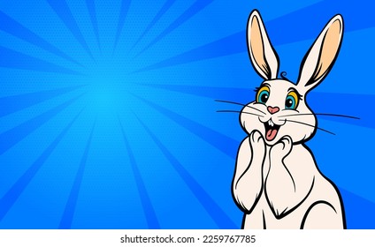 Vector pop art illustration of surprised white cartoon rabbit, wow emotion, easter bunny comic style character, hare with open mouth, holiday sale horizontal poster template.