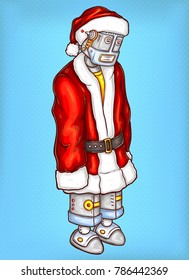 Vector pop art illustration of tired robot in christmas hat on vintage blue background. Sad steampunk metal cyborg, artificial intelligence, humanoid in Xmas holiday, santa costume