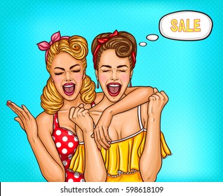 Vector Pop Art Illustration Of Two Enthusiastic Sexy Women Screaming About A Sale.