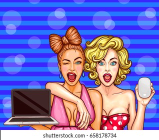 Vector pop art illustration of two young glamorous enthusiastic girls hold in their hands open laptop and computer mouse. Poster for the advertising discounts, sales and promotion a new laptop model